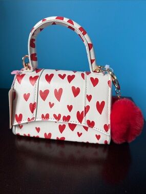 Cream & Red Heart Print Top-Handle Mini Bag with Pom Pom Heart